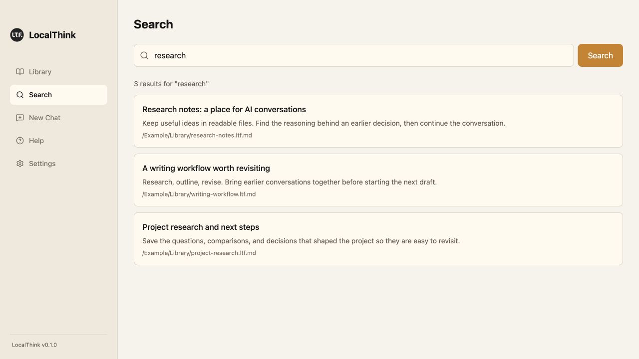 LocalThink search view showing three saved conversations about research in an example library.
